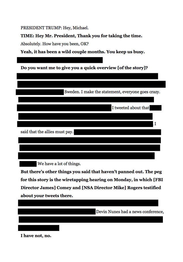 Illustration for article titled We Redacted Everything That's Not a Verifiably True Statement From Trump's Time Interview About Truth